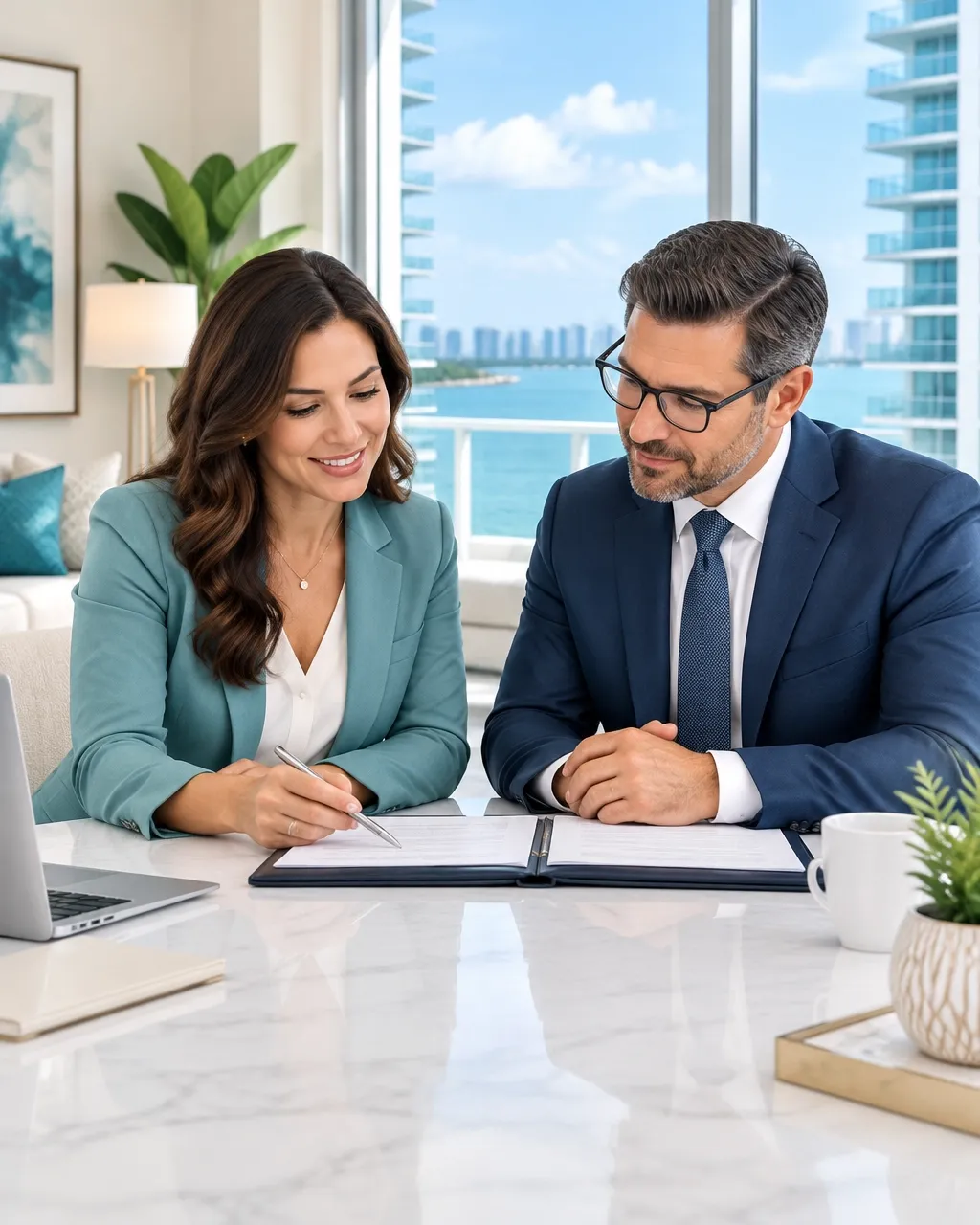 Residents reviewing documents with a property professional