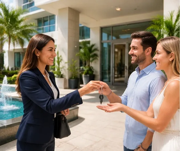 Agent handing keys to new residents