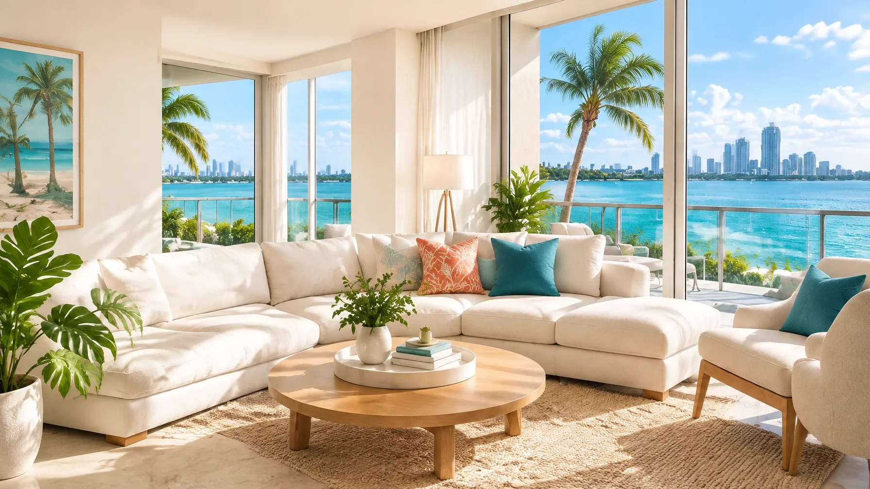 Sunlit Miami living room overlooking Biscayne Bay and the city skyline